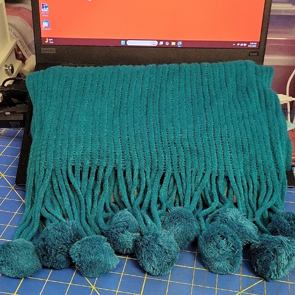 Teal Knit Scarf with Pom Poms Fringe 14" x 60" - Picture 1 of 2